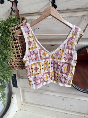 Rebellion Crochet Patchwork Crop Top in White, Pink, Yellow